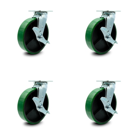 Service Caster 8 Inch Green Poly on Steel Caster Set with Roller Bearings and Brake/Swivel Lock SCC-30CS820-PUR-GB-TLB-BSL-4